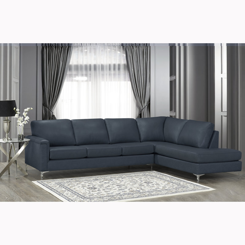 Platte Upholstered L-Shaped Sectional Right Hand Facing, Navy Genuine Leather