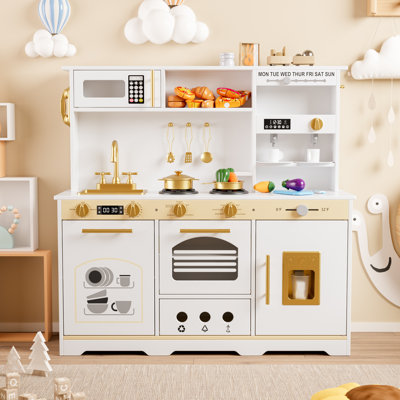 Wooden Play Kitchen For Kids With Realistic Lights & Sounds, Faucet, Oven, Microwave, Fun Accessories, Gift For Ages 3+, White
