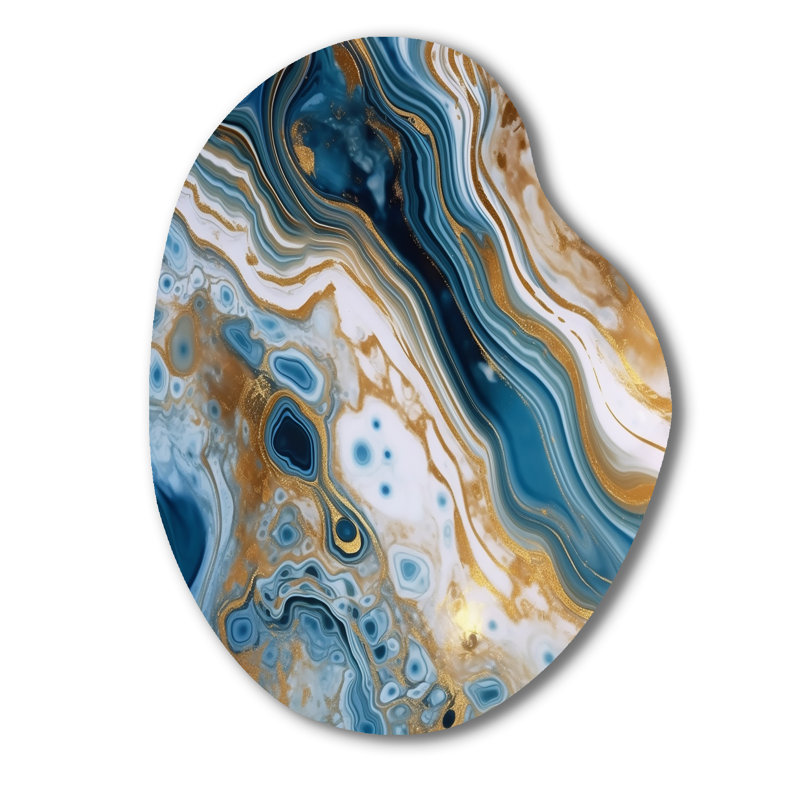 «Blue and White Marble Dreams - Art mural asymétrique abstrait en métal, impression d'art en forme unique bleue