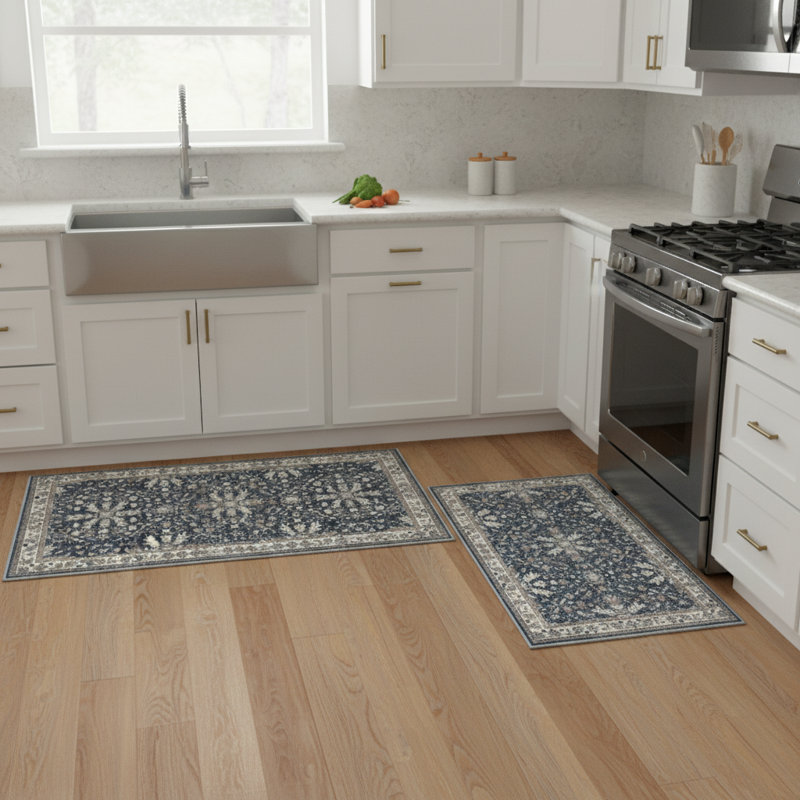 Ensemble de 2 tapis de cuisine lavables antidérapants doux à poils courts Boho, Bleu