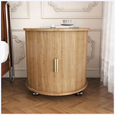 Ensemble de 2 tables de chevet cylindriques de style Mid-Century moderne avec station de charge intégrée et porte coulissante, tables de chevet rondes à 2 niveaux avec ports USB, design Osk