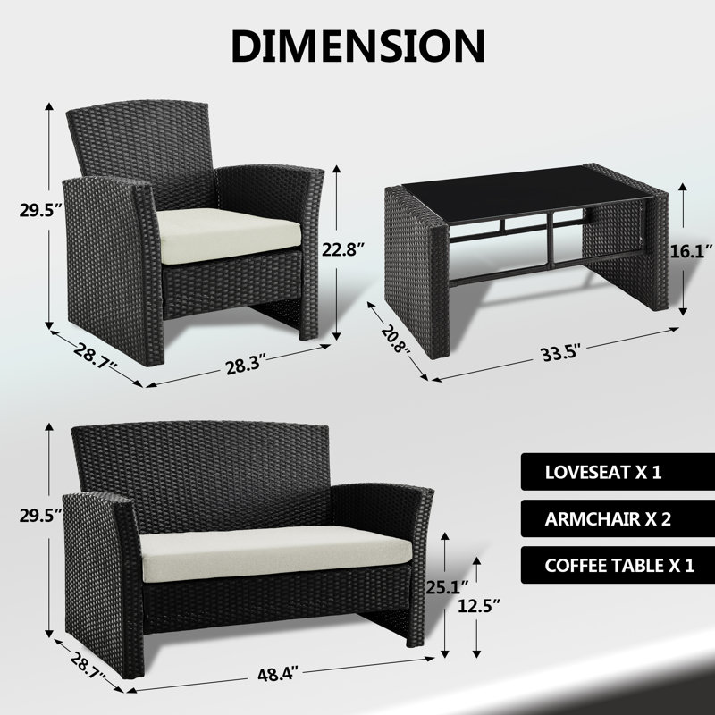 Ensemble de conversation en osier / rotin pour 4 personnes avec coussins Aanand, Blanc