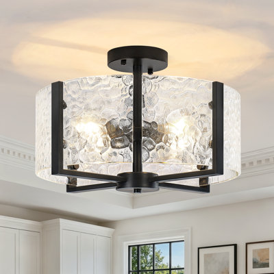 4‑Light Black Modern Farmhouse Water Ripple Textured Glass Semi‑Flush Mount Ceiling Light for Foyer Hallway Entryway Dining Room