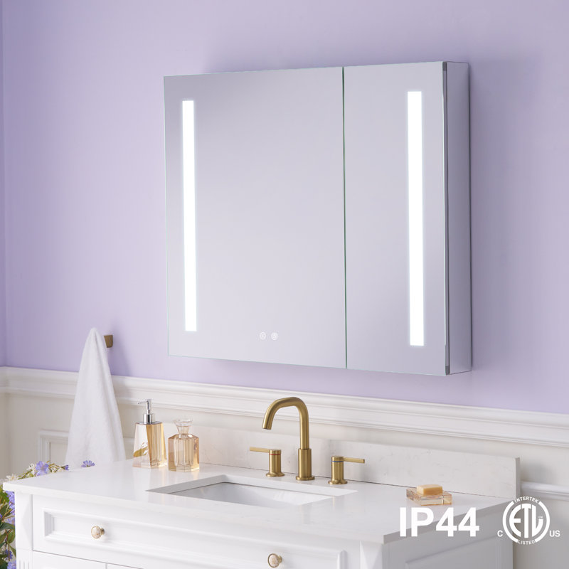 Armoire de salle de bain à miroir encastrée ou à surface pour salle de bain avec tablettes réglables et désembueur