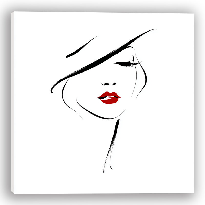 «Minimalist Woman in Hat with Red Lips», art mural sur toile tendue