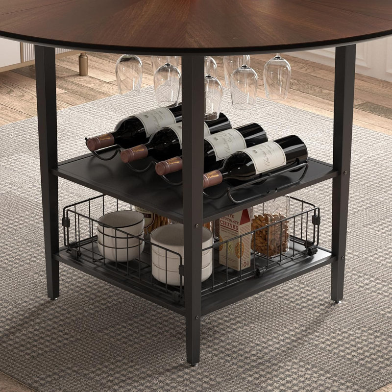 47" Round Walnut Dining Table Set, 5-Piece Modern Kitchen Table Set For 4-6 People, Real Wood Veneer Top With Storage Shelf & Steel Legs, Includes 4 Upholstered Chairs For Dining Room Or Kitchen
