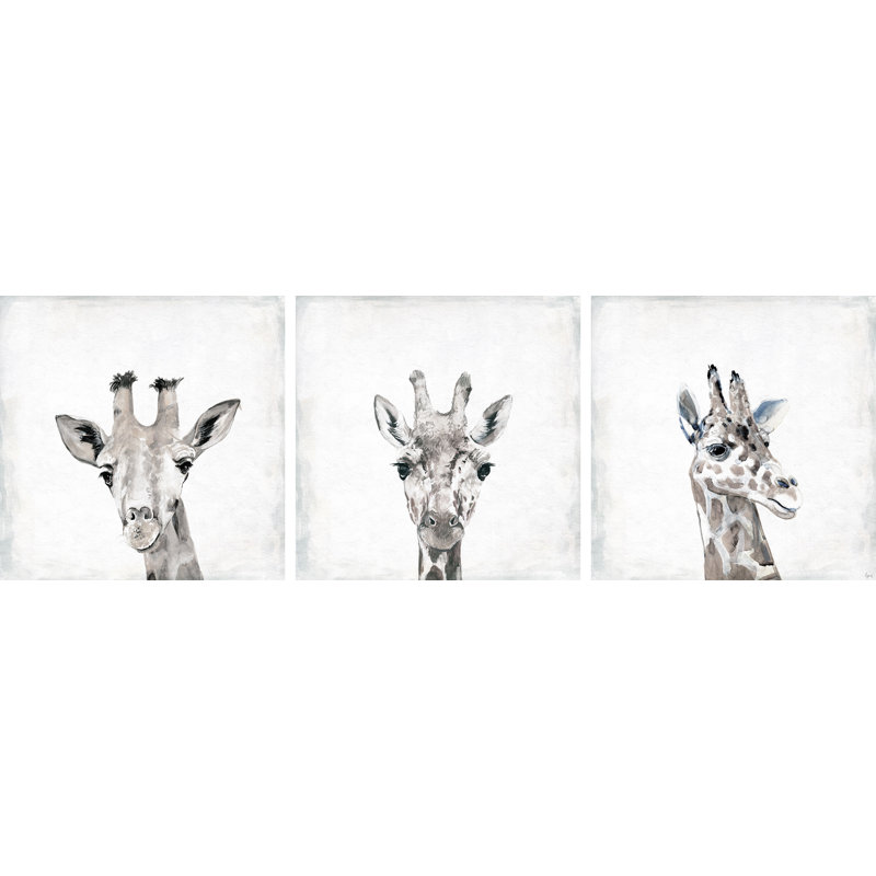 Giraffe Headshot Triptych - 3 Piece No Frame Painting Set on Canvas, 30cm H x 90cm W x 3.81cm D