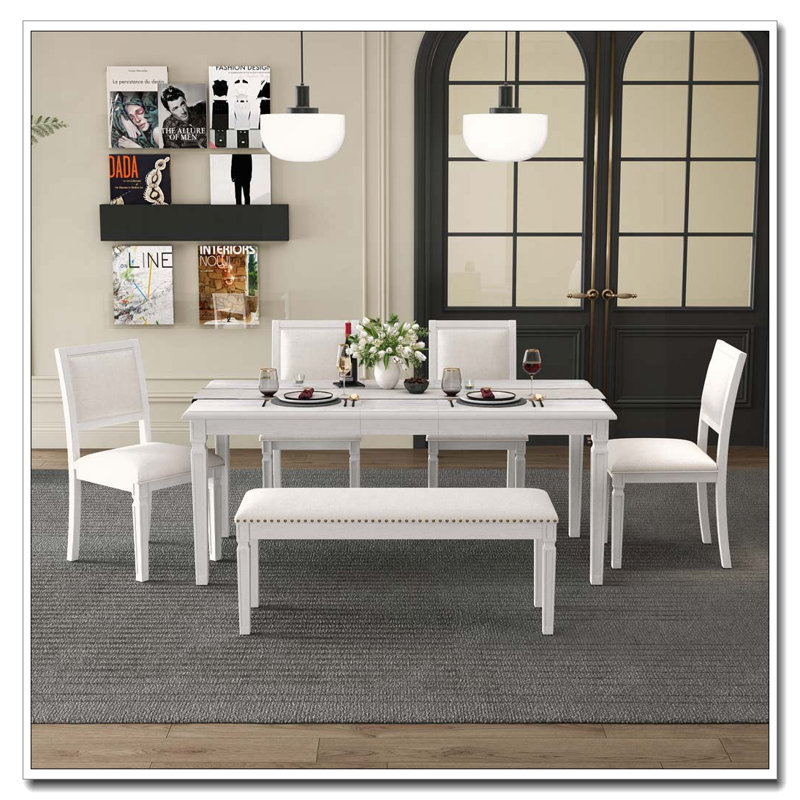 Ensemble de salle à manger extensible 6 pièces avec banc et pieds sculptés (blanc délavé) 6 pièces, Blanchies