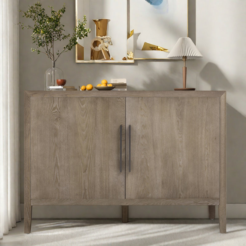 Buffet avec 2 poignées en métal, 2 portes et grain de bois, Naturel