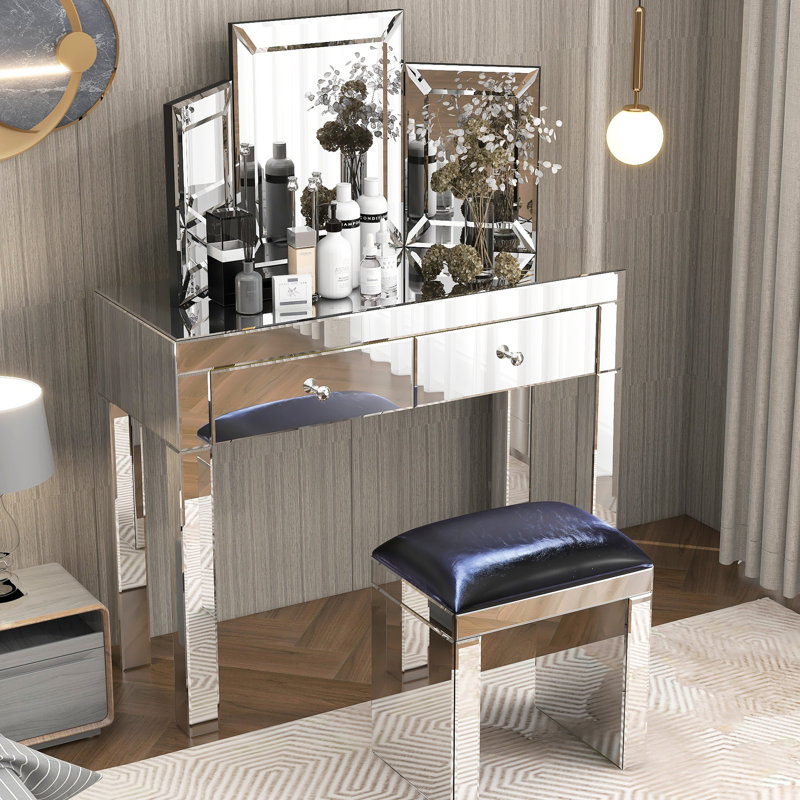 Bureau rectangulaire avec tiroirs et miroir pour la chambre à coucher - Solution de rangement élégante