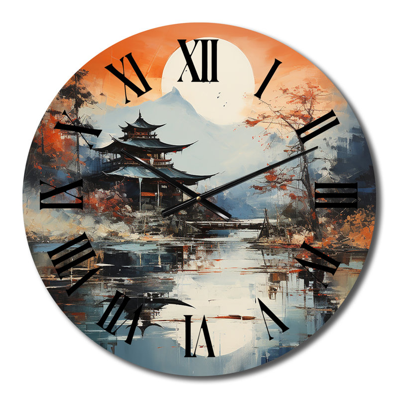 Horloge murale orange et orange avec paysage asiatique I, Moyenne