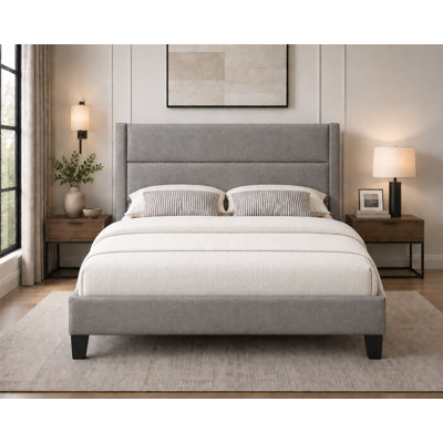 Upholstered Platformed Bed with Horizontal Channel Tufted Headboard, Contemporary, Grey Linen, King