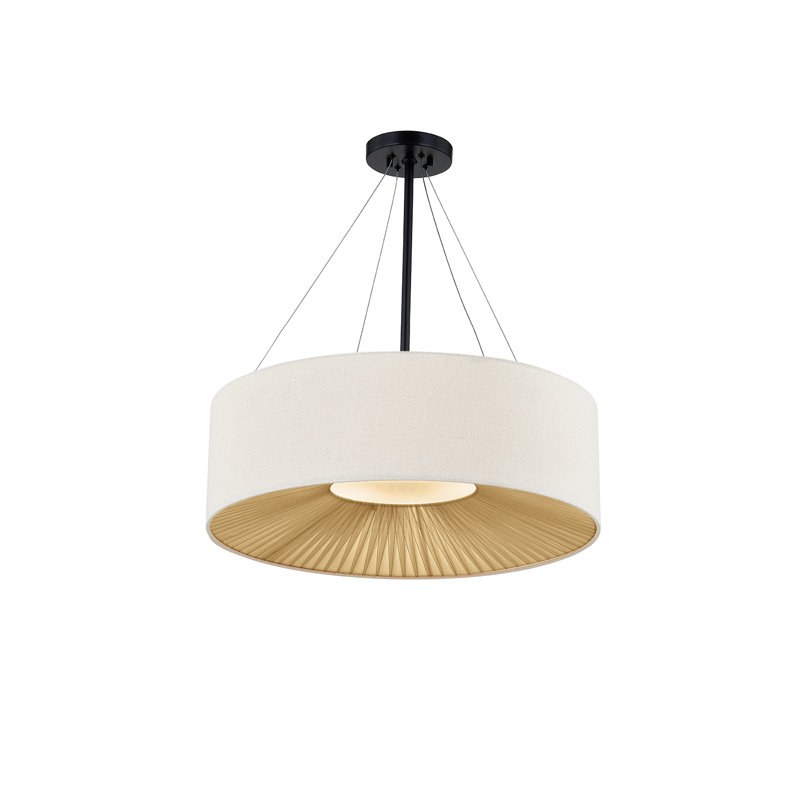 Textile - Luminaire suspendu tambour Warren - Noir mat - Abat-jour en tissu crème, H 8,25 po x l 24 po x P 24 po