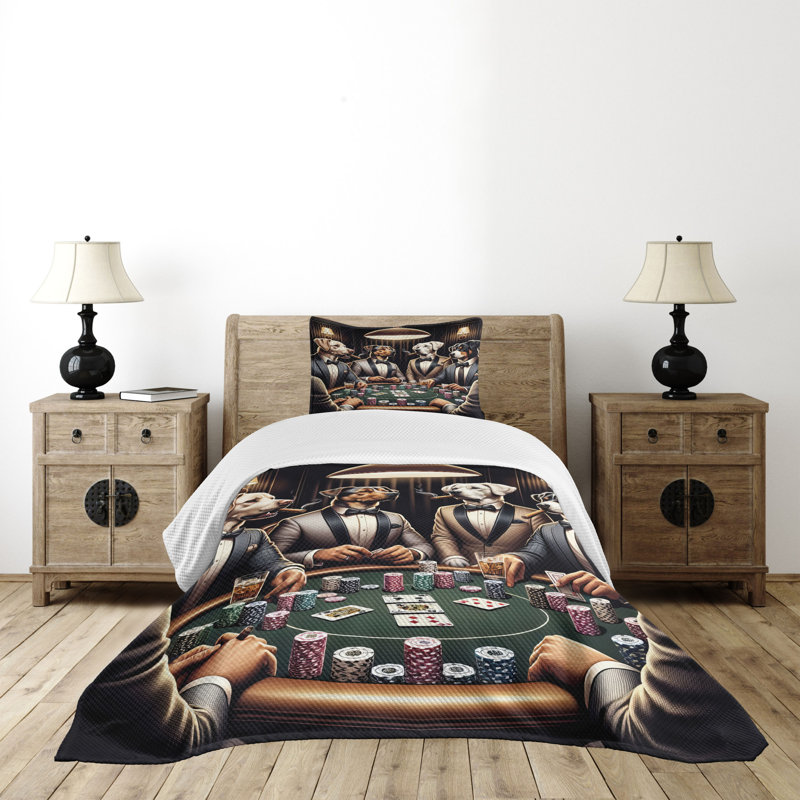 Twin Size Brown Dark Green Polyester Dog Poker Coverlet Set
