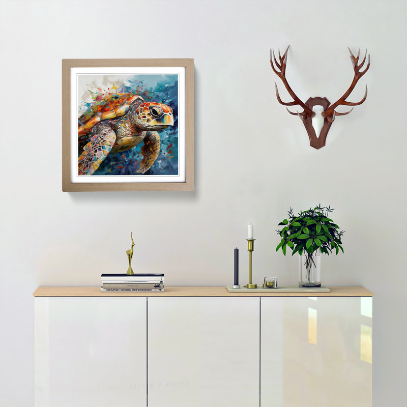 Sea Turtle Abstract No.2 - Single Picture Frame Print on Wood, Oak