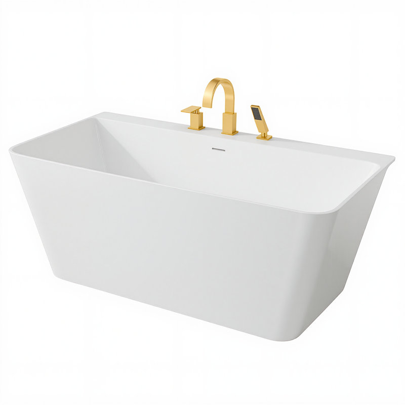 Vault Series 67 In. X 32 In. Flat Bottom Acrylic Freestanding Soaking Bathtub With Center Drain, Faucet, Brushed Gold