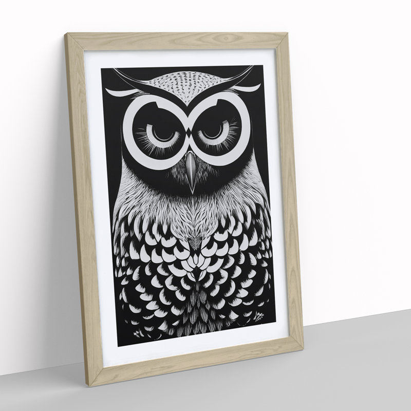 Owl in Monochrome - Framed Print, 34cm H x 25cm W x 2cm D, Oak