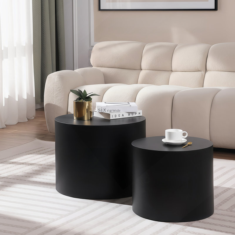 Nesting Coffee Table Set Of 2, Modern Round Coffee Table With Non-Slip Feet, Wood Side Table For Living Room, Bedroom, Office, Balcony, Terrace,Small Space, No Assembling, Matte Black