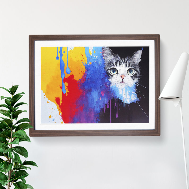 Cat in Paint Abstract - Framed Print, 34cm H x 46cm W x 2cm D, Walnut