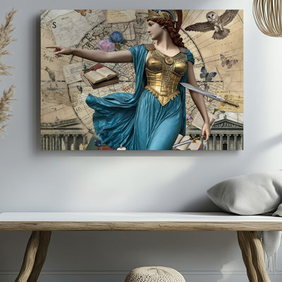 Toile «A Richly Layered Collage» mettant en vedette la déesse Athéna illustrée en art mural, une robe bleue fluide ornée d'une toile dorée complexe