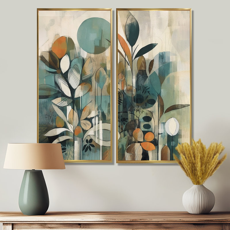 Orange And Green Abstract Bohemia III - Orange Art Prints On Canvas 2 Panels, Gold, Framed Print without Mat, 32" H x 32" W