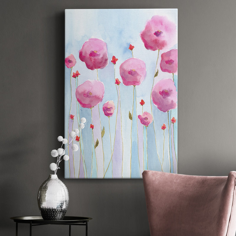 Fleurs roses I - peinture sur toile tendue, H 12 po x l 8 po x P 1 po