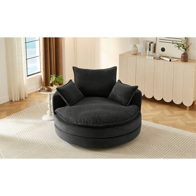 Chaise pivotante 360, coussin double couche, coussin de soutien, mécanisme lisse, tissu en velours côtelé noir, siège surdimensionné de 38 pouces de profondeur avec système de coussin, velours côtelé doux, 3 coussins, 57,5 po