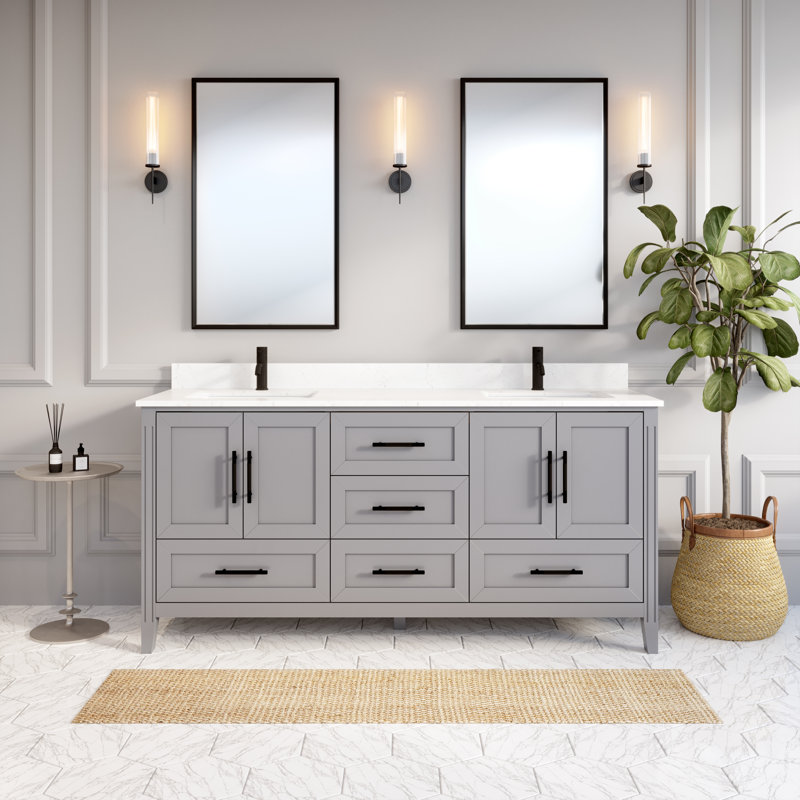 Houston Oxford Gray 72" W x 22" D Double Sink Bathroom Vanity with Power Bar & Drawer Organizer, Diamond Quartz Top, Undermount Ceramic Sink, Solid Birch Hardwood, Pre-Assembled