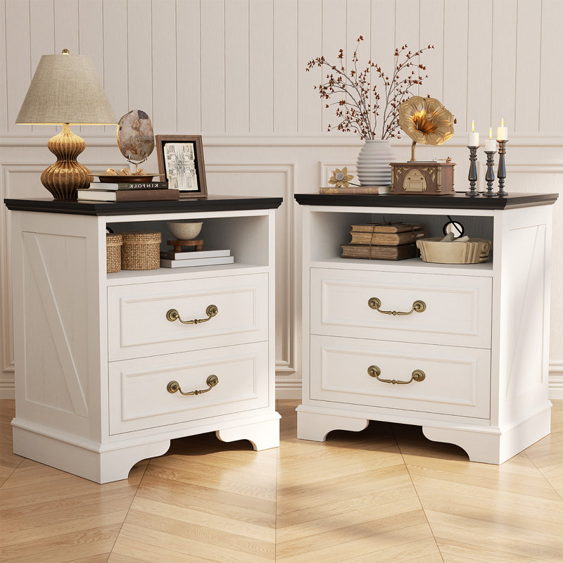17 Inches Farmhouse Modern Nightstand With 2 Drawers And Built-In Outlets, White