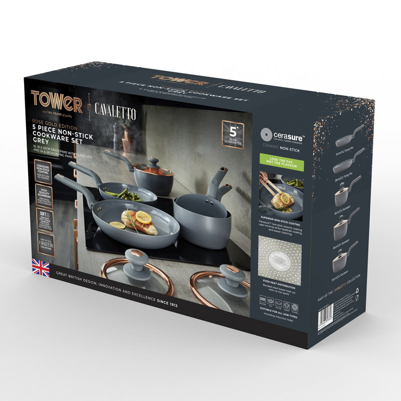 Tower Cavaletto 5 Piece Cookware Set with 16cm, 18cm, 20cm Saucepans and 24cm, 28cm Non-Stick Frying Pans, Grey/Golden