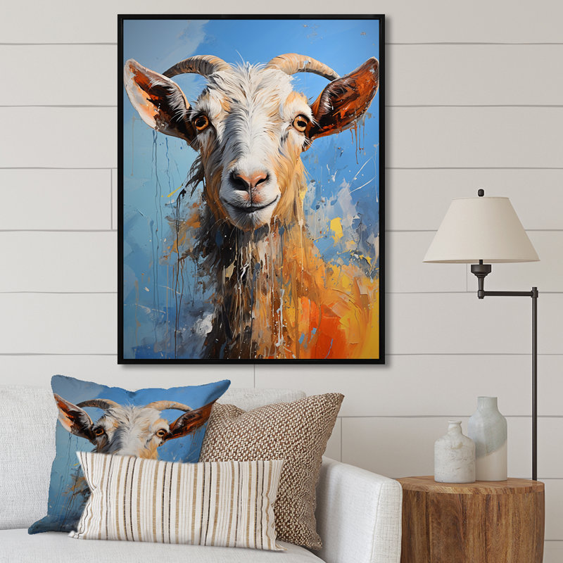 Blanc blanc Pop Art Portrait de chèvre - art mural animal de chèvre, Gold Picture Framed, 20" H x 12" W