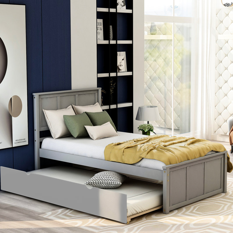 Lit plateforme simple avec lit gigogne mobile gris - construction durable et bois massif, Gris