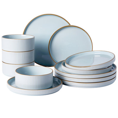 Star Stoneware Dinnerware Sets, 12 Pieces Dish Set, Light Blue With Brown Rim
