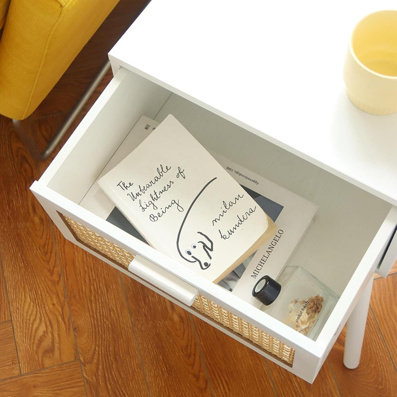 Rattan Nightstand, Modern Bedside Table With Rattan..., White