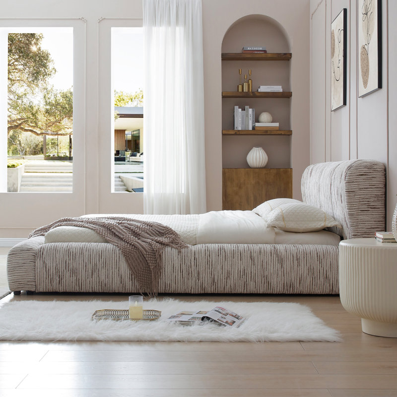 Sienna Upholstered Platform King Bed – Low Profile With Padded Headboard., King, White/Brown