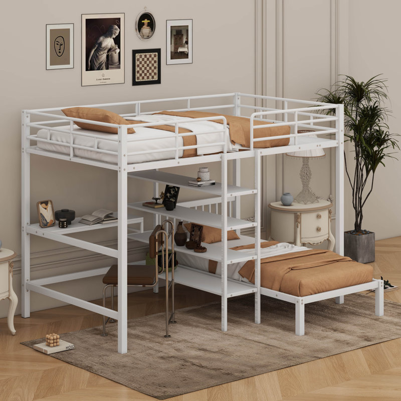 Full Over Twin Metal L-Shaped Bunk Bed With Built-In Desk, Shelves, And Ladder, White