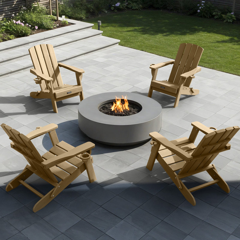 Set of 4 HDPE Outdoor Adirondack Chair Wood Texture Folding Firepit Chair  With  Cup Holder, Teak
