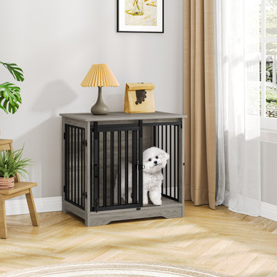 Dog Crate Furniture, 69 cm Double Door Wooden Dog Crate with Barn Door, Indoor Kennel, End Side Table Wooden Animal Crates for Small Dogs, Anti-Chew Anti-Escape