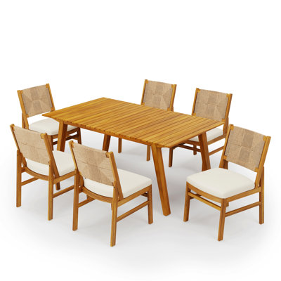 Ensemble repas d'extérieur en bois 7 pièces avec coussin