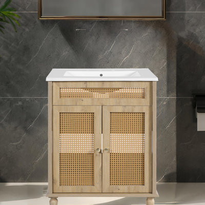 Meuble-lavabo en bois l 30 po - Lavabo en résine et portes / tiroirs en rotin