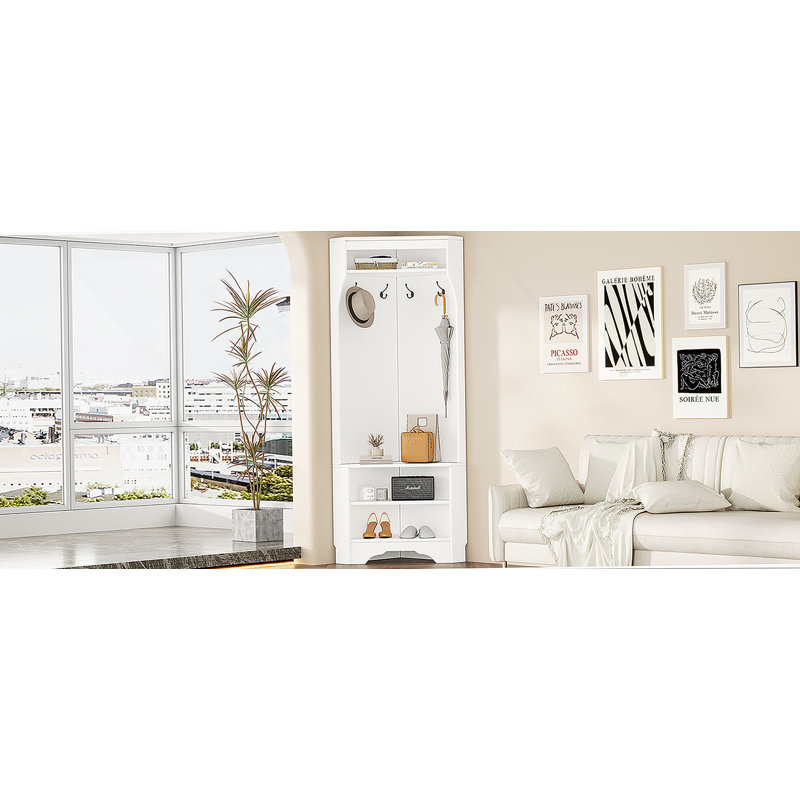 Arbre d'entrée minimaliste avec banc à chaussures, portemanteau polyvalent avec 4 crochets, armoire d'angle avec tablette réglable