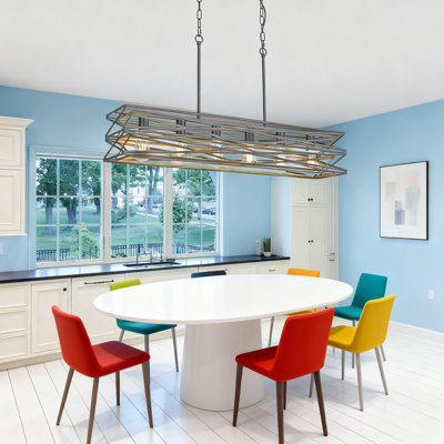 Large 40-Inch Farmhouse Rectangular Chandelier With Retro Wood Texture, 6-Light Black Matte Industrial Pendant Light For Dining Room And Kitchen Island
