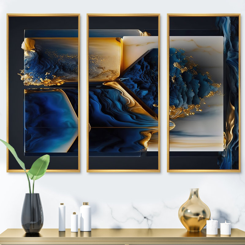 «Abstract Geode Gold and Blue Marble Shape II», reproduction sur toile 3 pièces, Cadre flottant doré