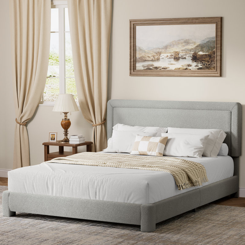 Boucle Bed Frame,Upholstered Bed Frame With Headboard, Surface Cover Soft Cloud Bed Frame Easy Assembly, No Box Spring Required