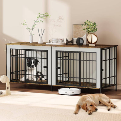 Caisse pour chien double 79 po - Très grand chenil et meuble télé avec cloison, 79 po, beige