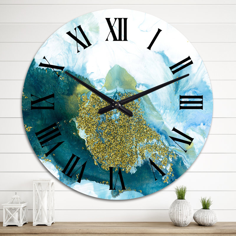 Blue and Glitter Gold Liquid Art - Modern Wall Clock, Oversized