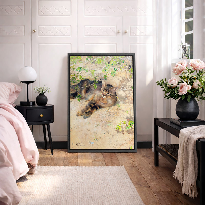 Resting Tabby Cat Scene Artwork, Vintage Animal Life Pictures, Framed Canvas Giclee Print Wall Art, 36" H x 24" W x 1.5" D