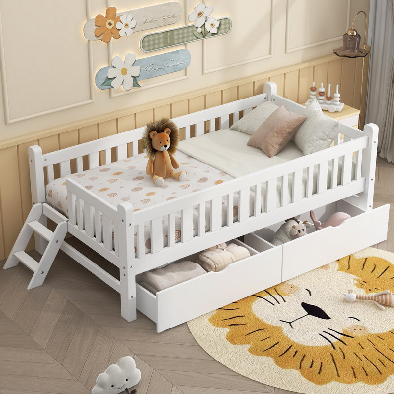 Lit plateforme simple en bois avec garde-corps et 2 tiroirs de rangement, blanc, Blanc