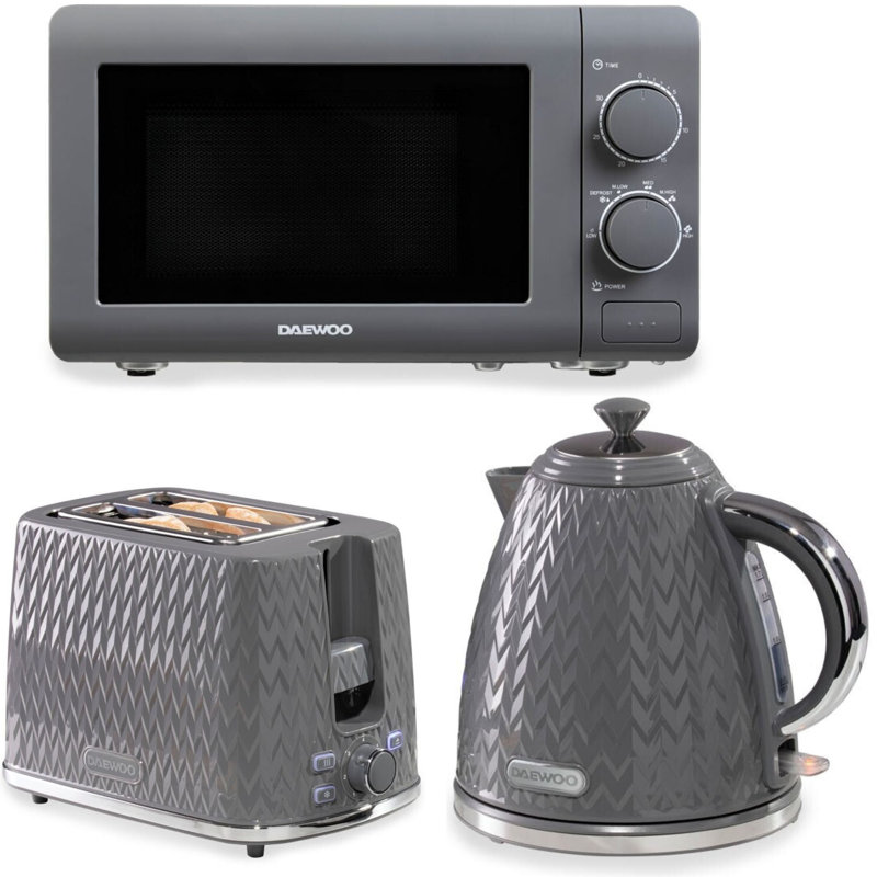 Daewoo Argyle Grey Matching Kettle Toaster & Microwave Set 2 Slice, 20L & Rapid Boil