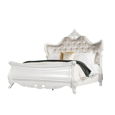 Valena King Size Bed, Ivory Upholstery, Wing Back, Crown Carved Top
